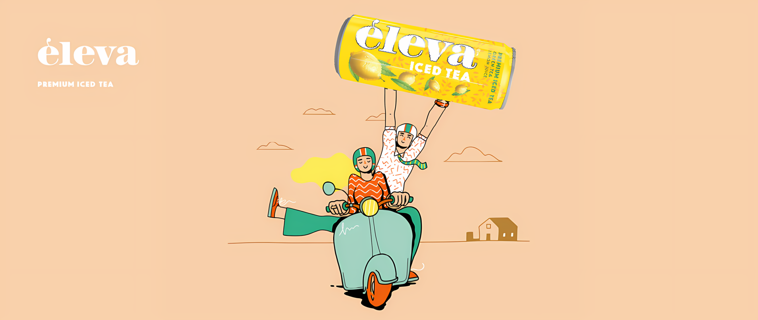 Èleva Premium Iced Tea — two friends on a scooter holding up a giant can of Èleva lemon iced tea